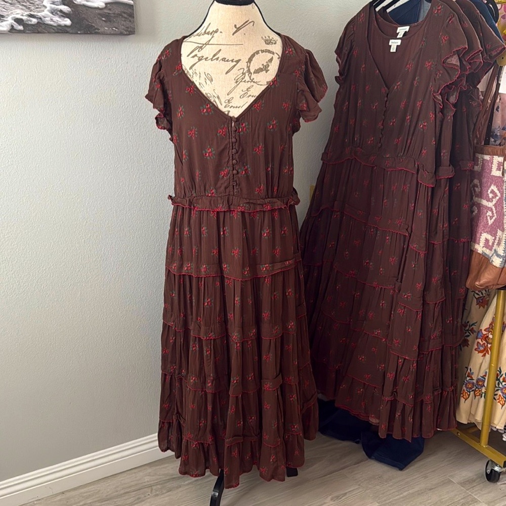 NEW 100% Cotton Sundance Brown Floral Ruffle Dress - Size Large